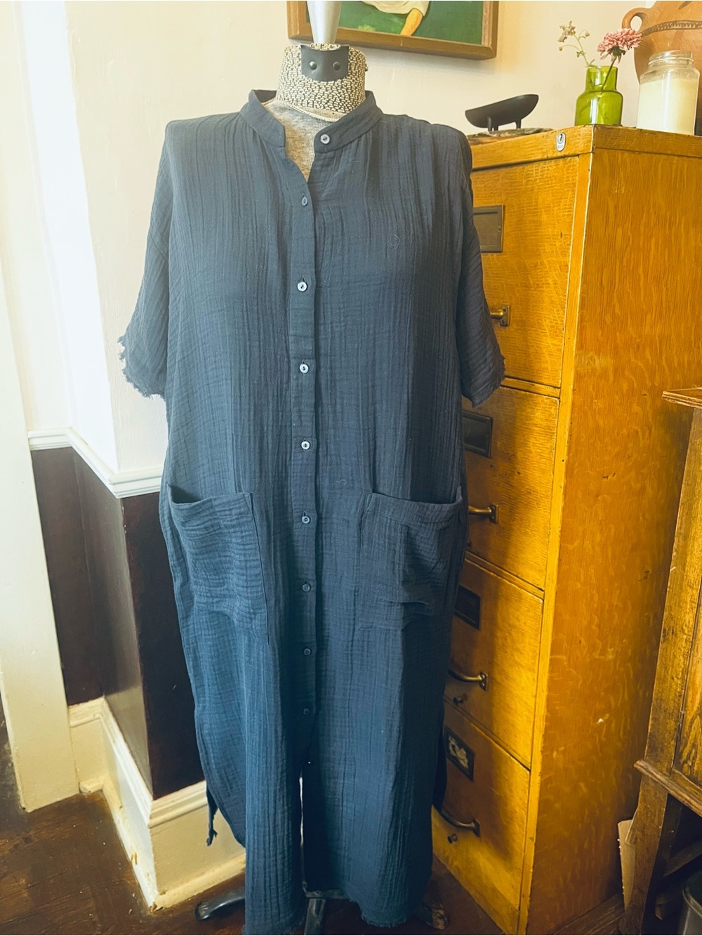 Eileen Fisher Navy Button-Front Maxi Shirt Dress